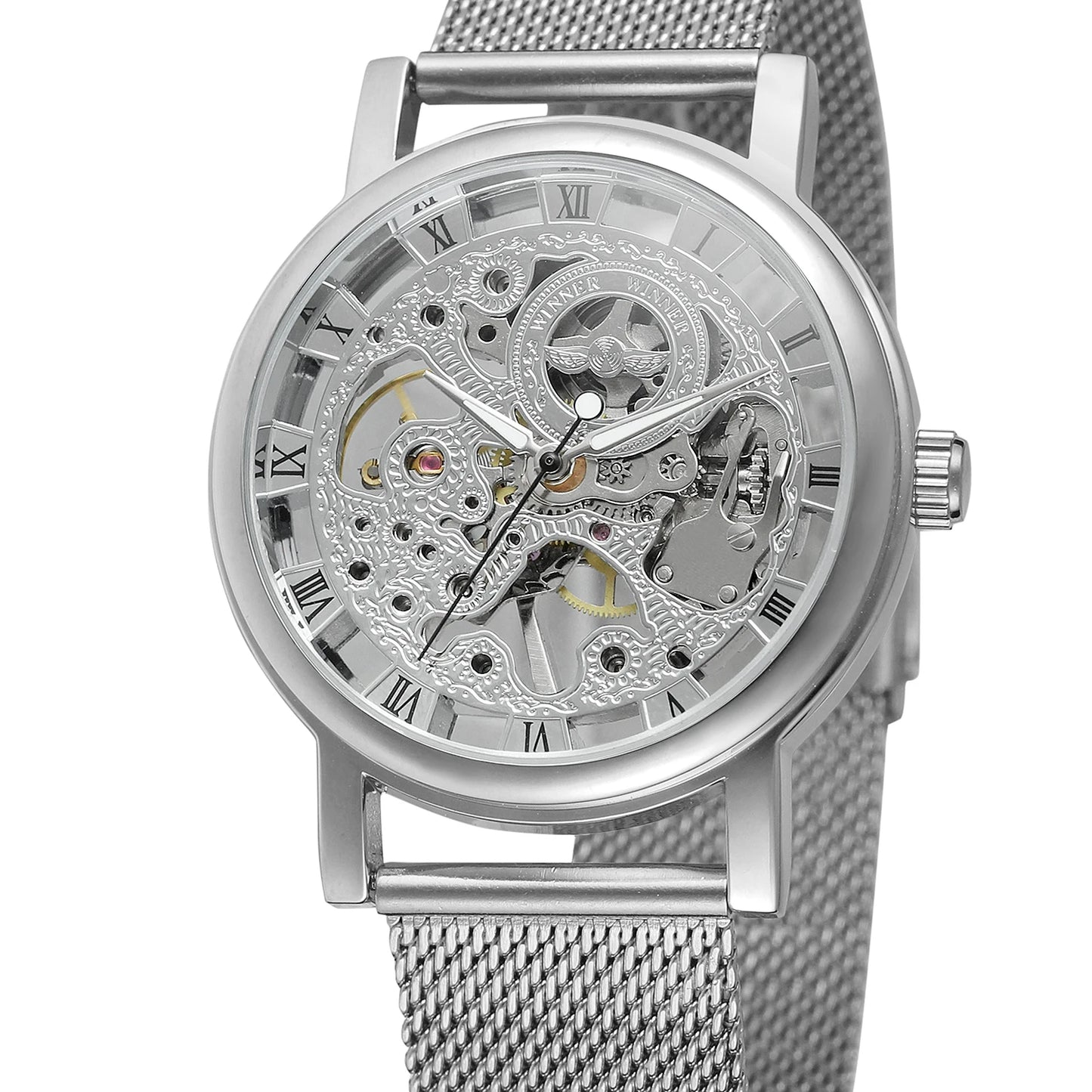 Winner Top Brand Luxury Mesh Stainless Steel Band Transparent Classic Thin Case Transparent Skeleton Mens Mechanical Wrist Watch