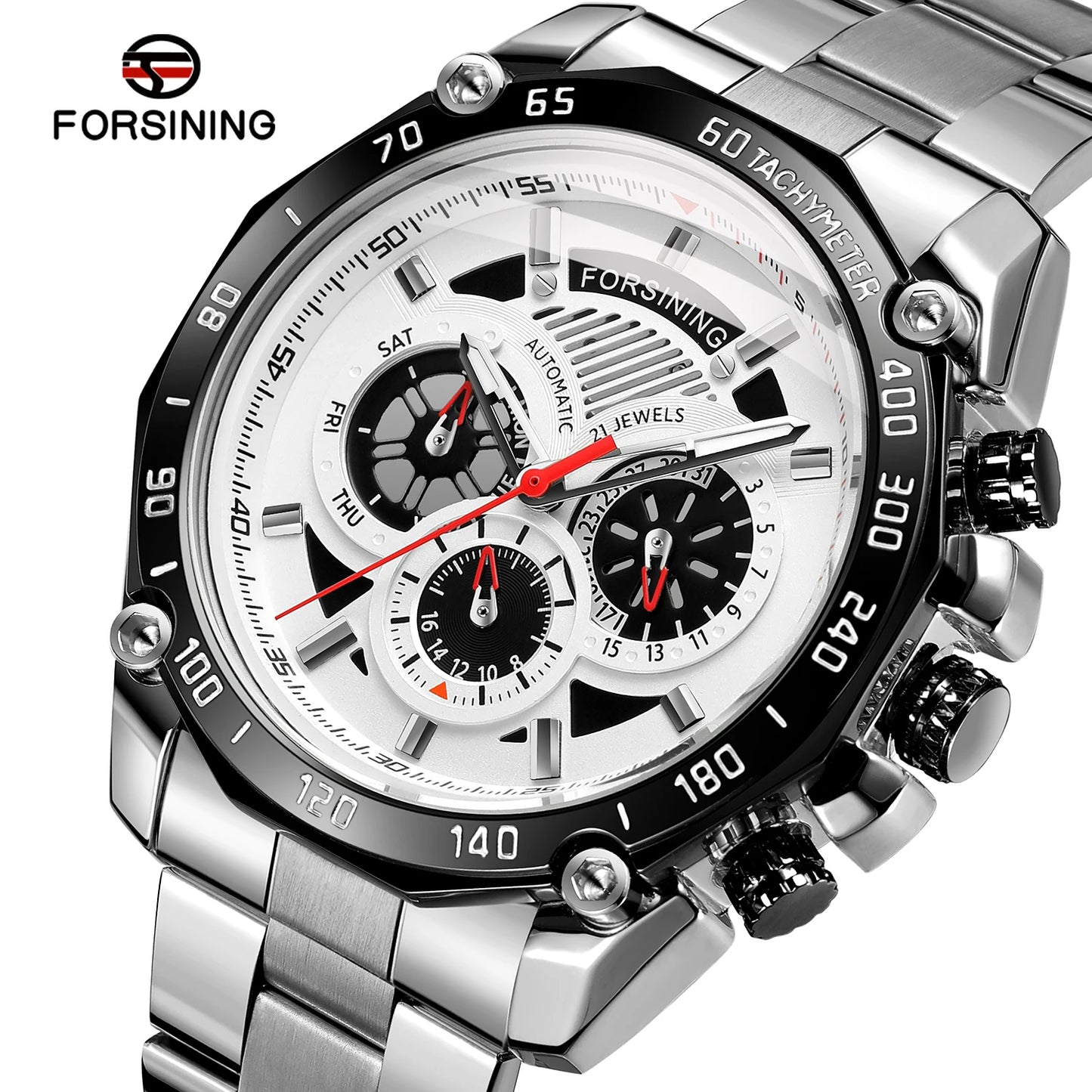 Forsining Top Brand Watch Combination Blue Calendar 3 Dials Full Silver Stainless Steel Automatic Mechanical Watches Men's Clock