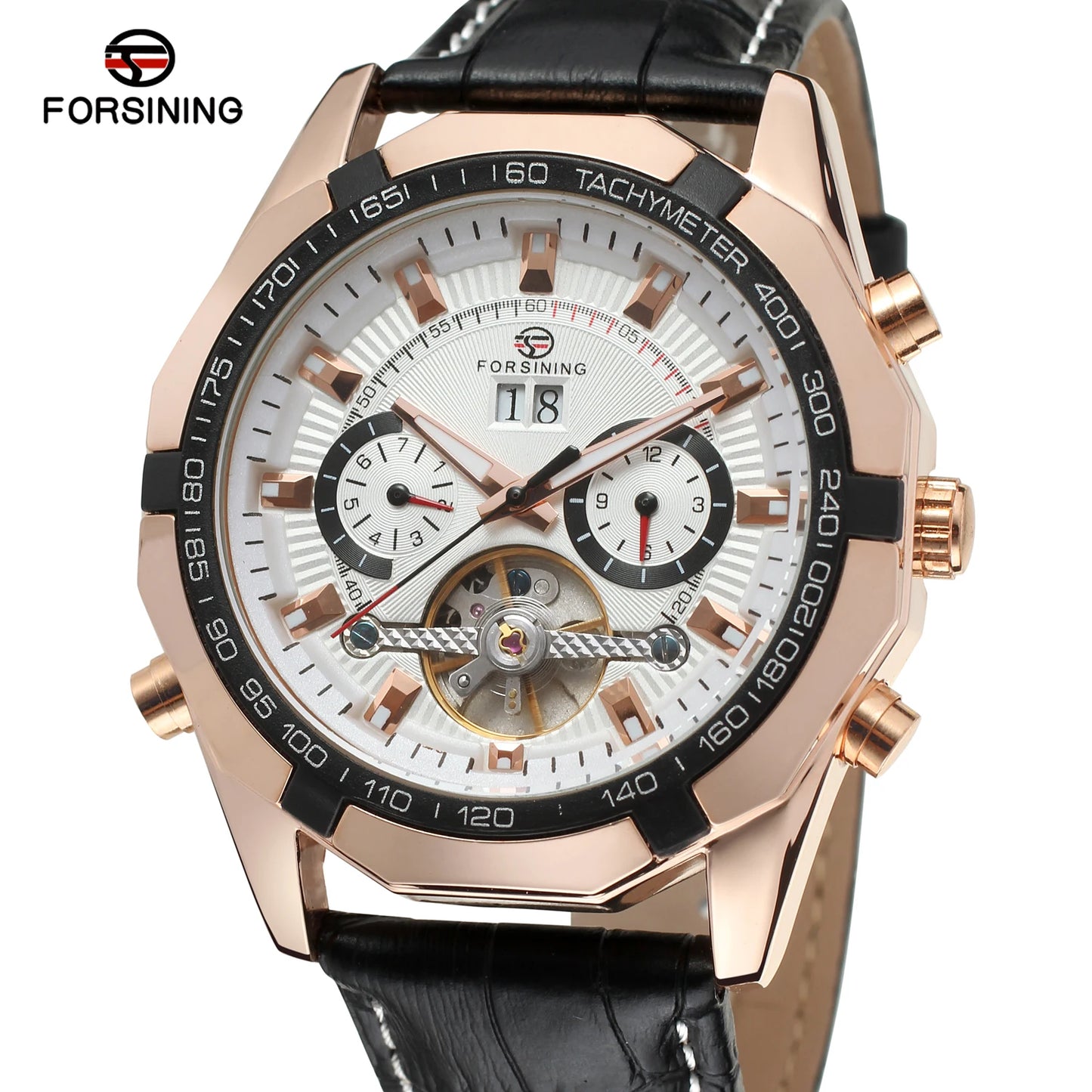 Forsining Top Brand Business Men's Watch Gold Leather Automatic Mechanical Toubilion Wrist Watches Relogio Masculino