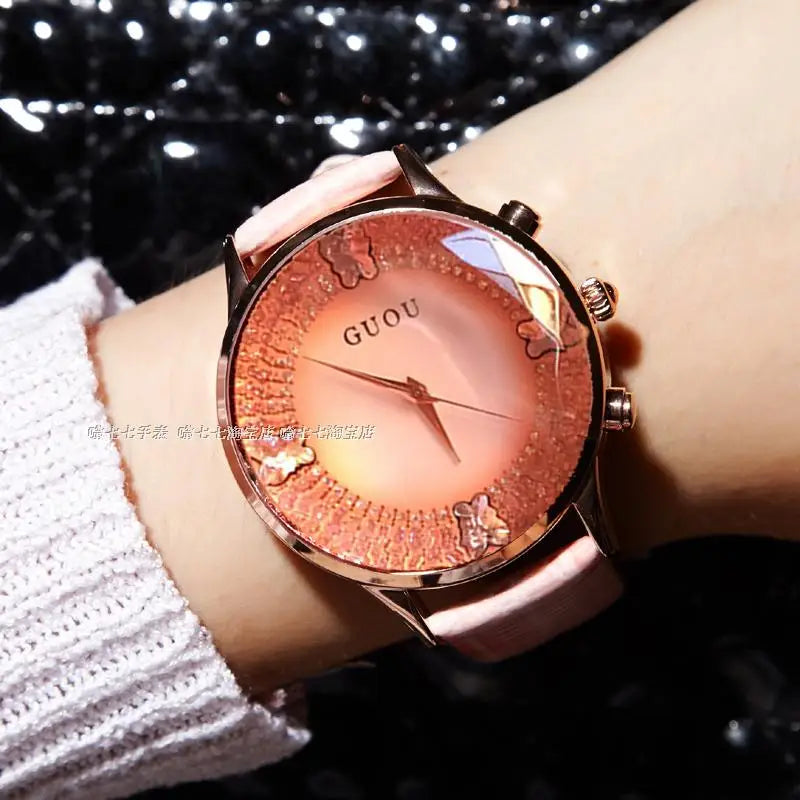 HK GUOU Brand Quartz Lady Watch Rhinestone Waterproof Women's Watch Genuine Leather Upscale Large Dial Luxury Gift Wristwatches