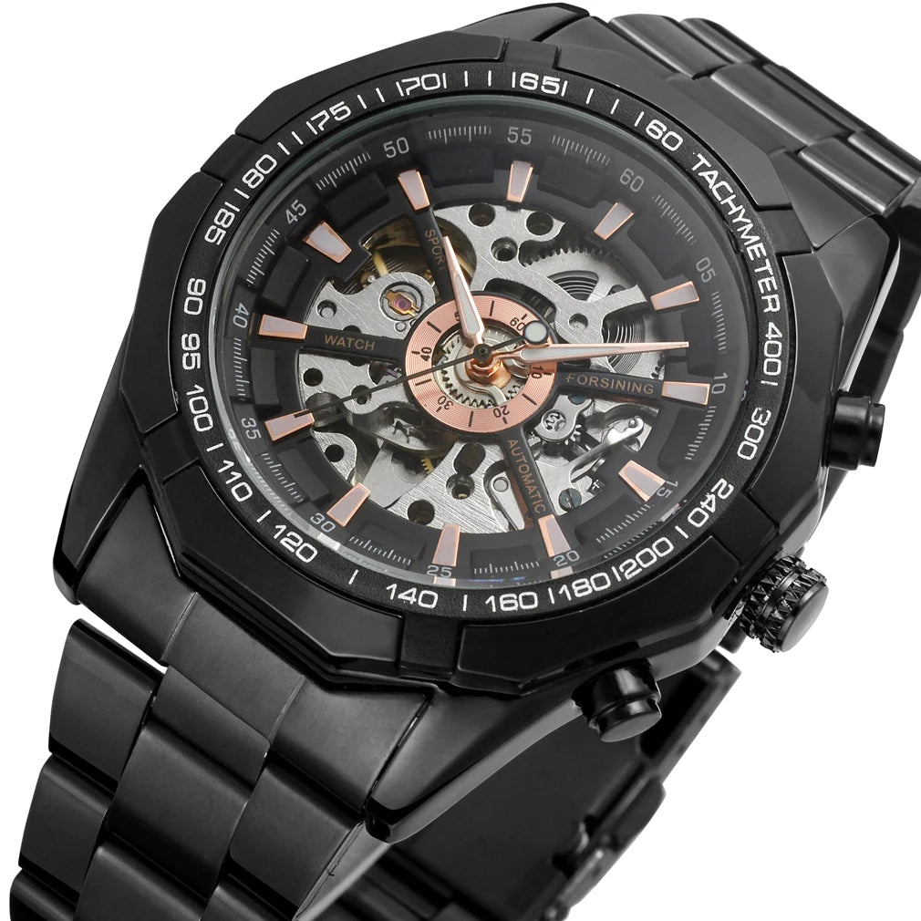 Forsining Top Brand Silver Stainless Steel & Leather Waterproof Mens Skeleton Luxury Transparent Mechanical Male Wrist Watches