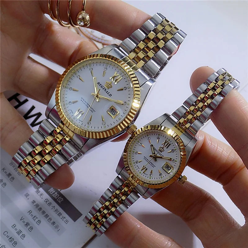Reginald Brand Men Dress Style Business Watch Steel Wristband Golden Men Quartz Watch Valentine's Day Present For Man Woman Love