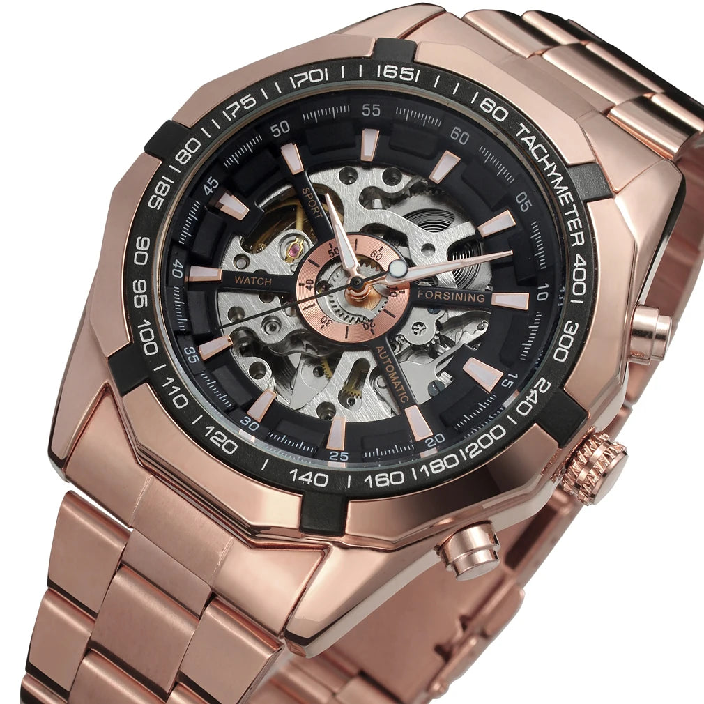 Forsining Top Brand Silver Stainless Steel & Leather Waterproof Mens Skeleton Luxury Transparent Mechanical Male Wrist Watches