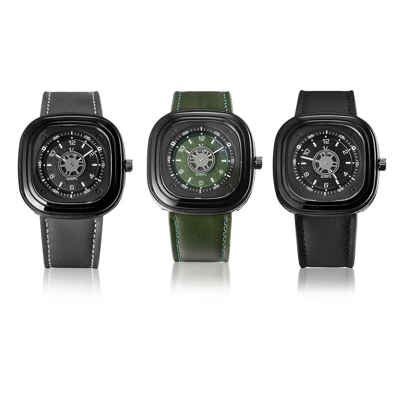 2018 Men's Watch Genuein Leather Strap Square Case Skeleton Face New Brand V6 Men Military Sports Wrist Watches Waterproof Clock