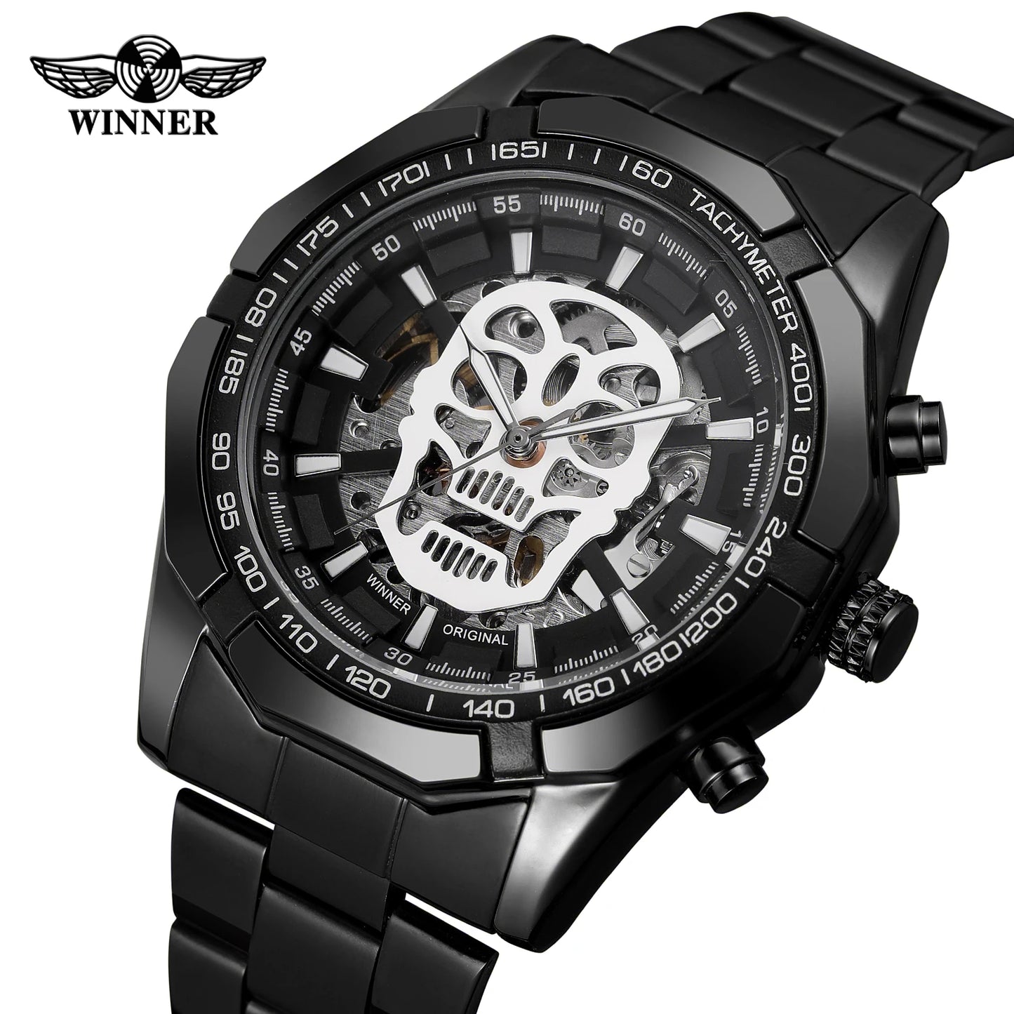 Fashion WINNER Top Steampunk Skull Auto Mechanical Watch Men Black Stainless Steel Strap Skeleton Dial Cool Design Wrist Watches