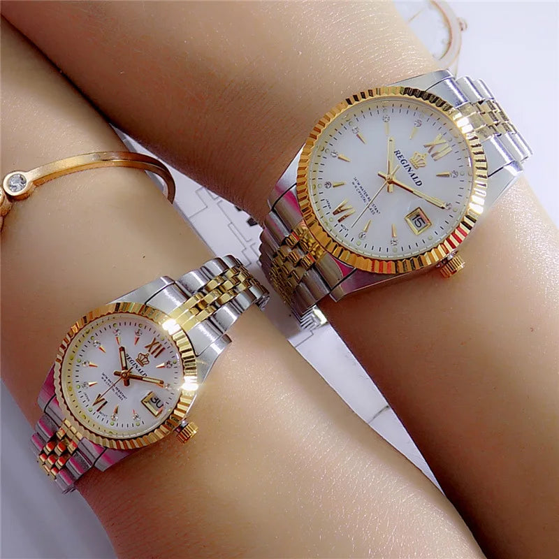 Reginald Brand Men Dress Style Business Watch Steel Wristband Golden Men Quartz Watch Valentine's Day Present For Man Woman Love