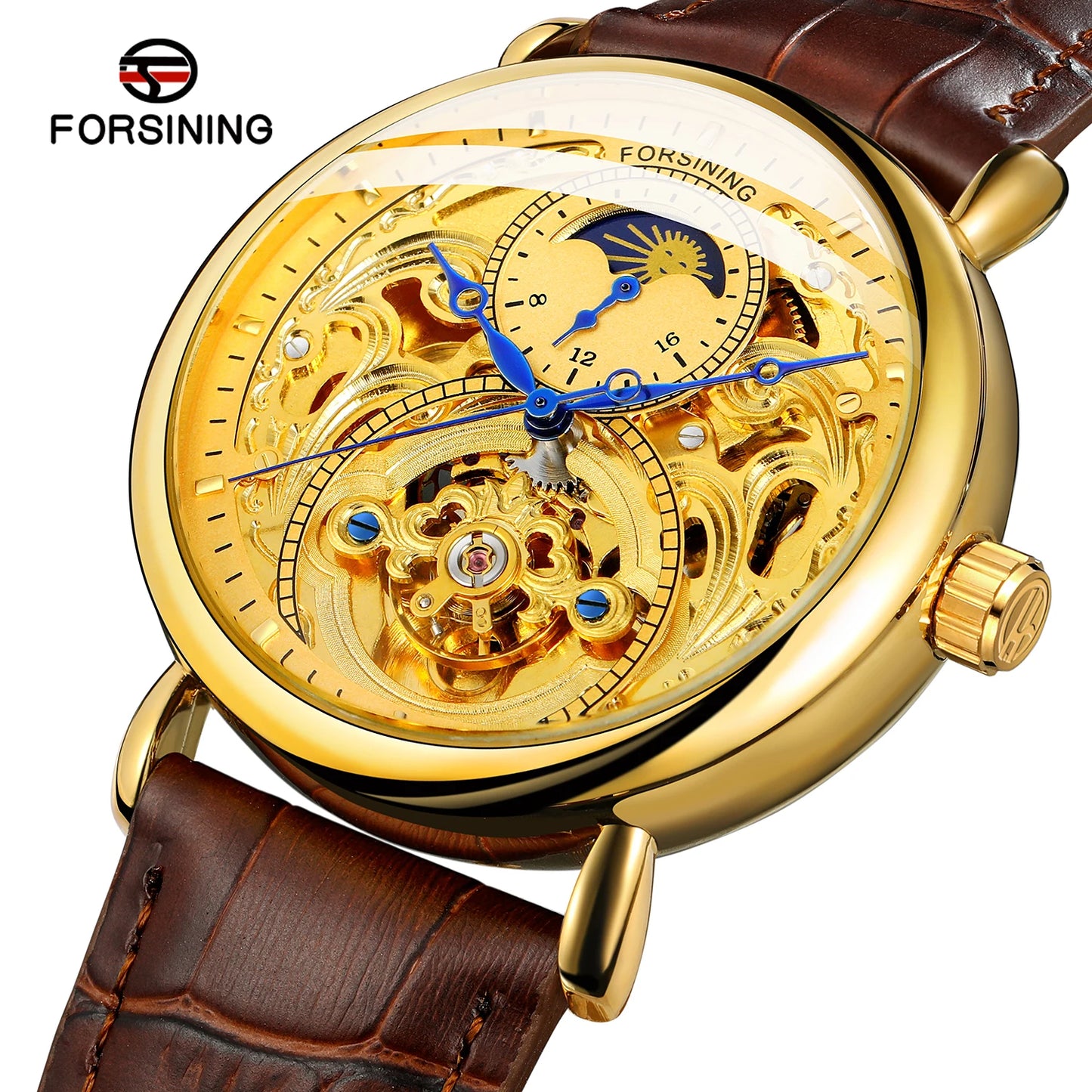 Forsining Top Brand Automatic Mechanical Business Watch Mens Clock Golden Moon Phase Leather Wrist Watches Relogio Masculino