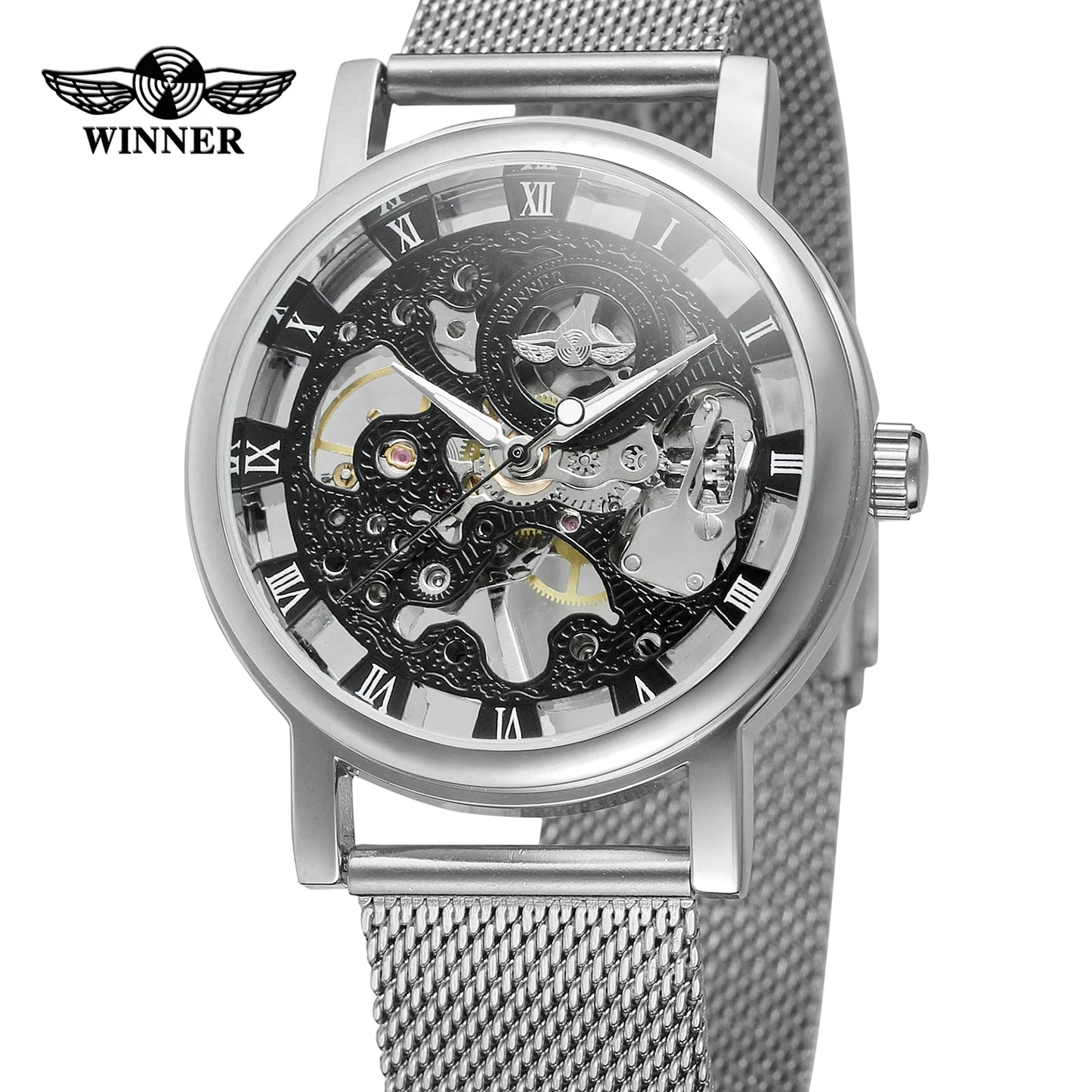 Winner Top Brand Luxury Mesh Stainless Steel Band Transparent Classic Thin Case Transparent Skeleton Mens Mechanical Wrist Watch