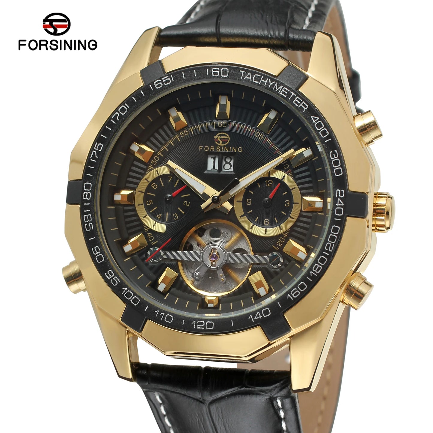 Forsining Top Brand Business Men's Watch Gold Leather Automatic Mechanical Toubilion Wrist Watches Relogio Masculino