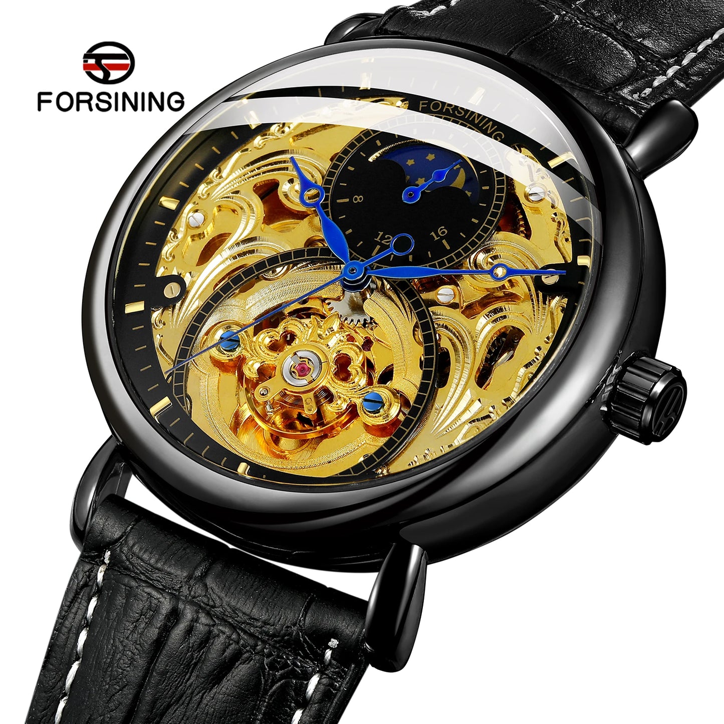Forsining Top Brand Automatic Mechanical Business Watch Mens Clock Golden Moon Phase Leather Wrist Watches Relogio Masculino