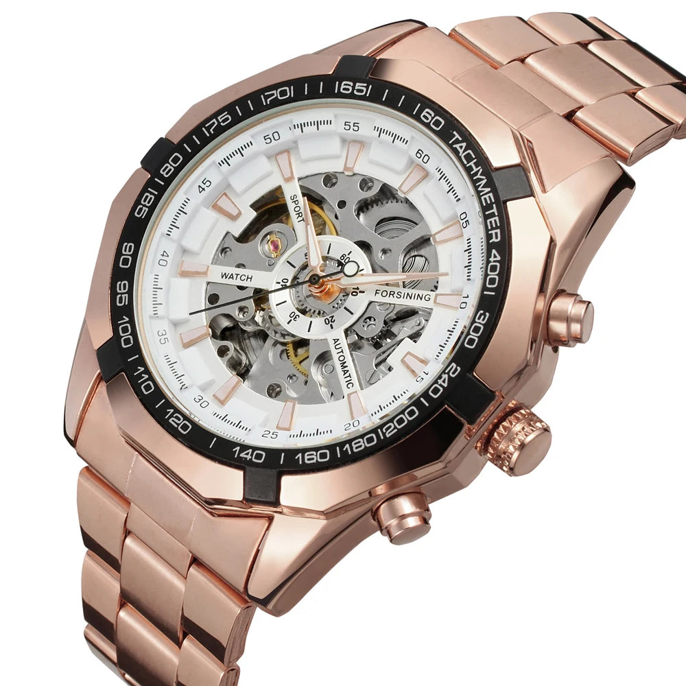 Forsining Top Brand Silver Stainless Steel & Leather Waterproof Mens Skeleton Luxury Transparent Mechanical Male Wrist Watches