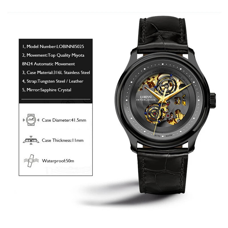 LOBINNI Mens Automatic Watches Male Luxury Watch Waterproof Mechanical Wristwatch Sapphire Mirror Skeleton Dial Leather Strap