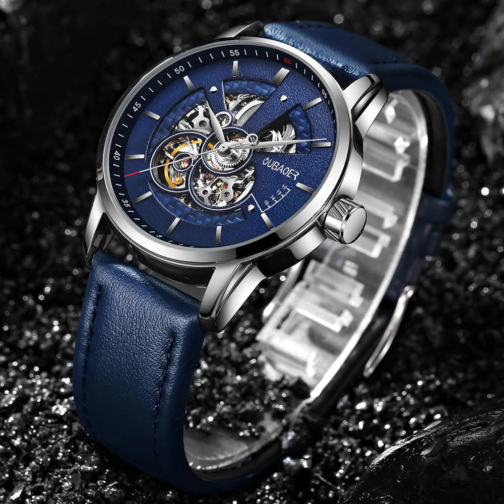 OUBAOER Mens Watches 2024 Mechanical Automatic Top Brand Luxury Tourbillon Self Winding Leather Sport Wristwatch