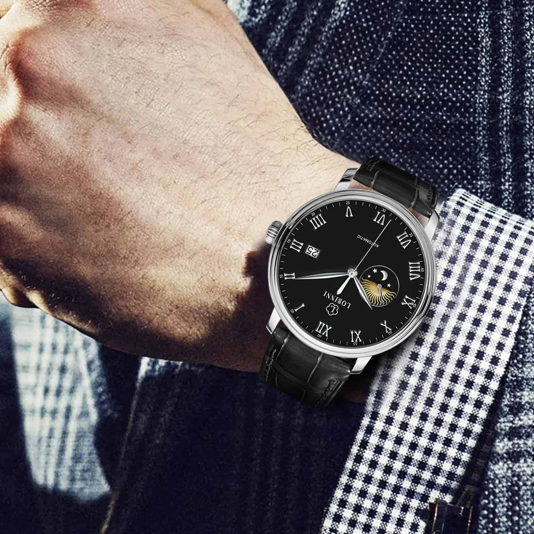LOBINNI Mens Automatic Watches Luxury Male Watch Waterproof Mechanical Wristwatch Sapphire Date Leather Strap Sun-Moon Dial