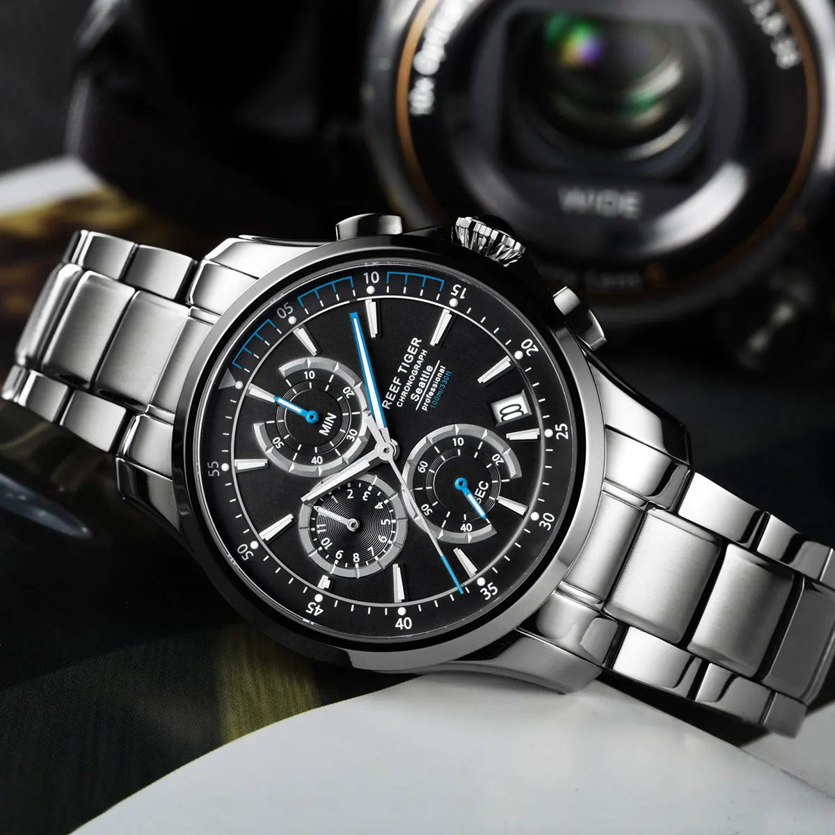Reef Tiger Mens Chronograph Watches Men Military Watch Male Sport Quartz Wristwatch Waterproof Luminous Sapphire Mirror RGA1663