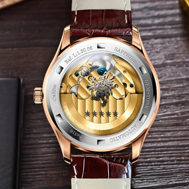 LOBINNI Mens Automatic Watches Male Luxury Watch Waterproof Mechanical Wristwatch Sapphire Mirror Skeleton Dial Leather Strap
