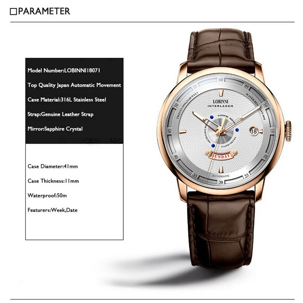 LOBINNI Men Automatic Watch Luxury Male Watches Dress Mechanical Wristwatch Business Sapphire Crystal Leather Strap Week Date
