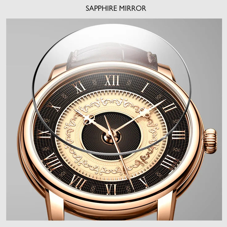LOBINNI Mens Automatic Watches Luxury Male Watch Mechanical Wristwatch Waterproof Sapphire Mirror Carved Dial Roman Scales