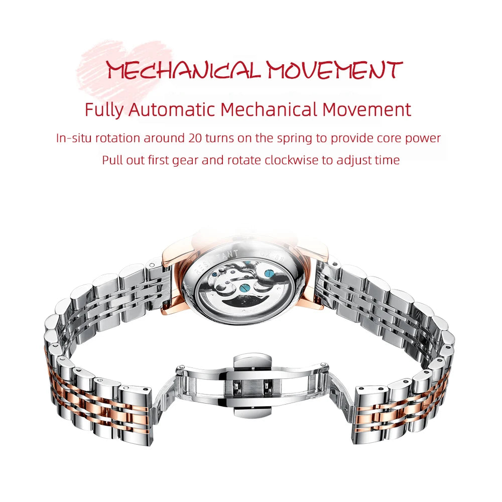 CHENXI New Women Automatic Mechanical Watch Luxury Brand Elegant Ladies Clock Rose Gold Stainless Steel Waterproof WristWatches