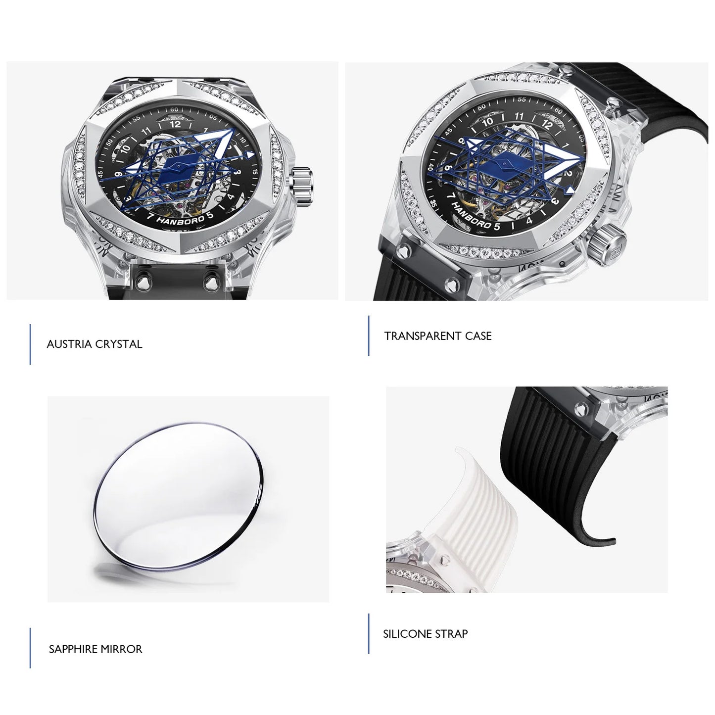HANBORO Mens Luxury Watches Men Automatic Watch Male Mechanical Wristwatch Luminous Skeleton Dial Austria Crystal Silicone Strap