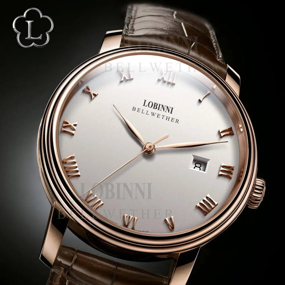 LOBINNI Mens Automatic Watches Luxury Male Watch Waterproof Mechanical Wristwatch Ultrathin Sapphire Mirror Date Leather Strap
