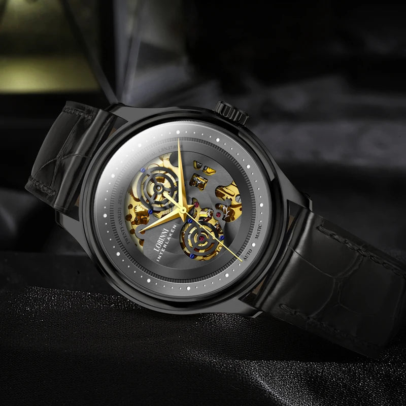 LOBINNI Mens Automatic Watches Male Luxury Watch Waterproof Mechanical Wristwatch Sapphire Mirror Skeleton Dial Leather Strap