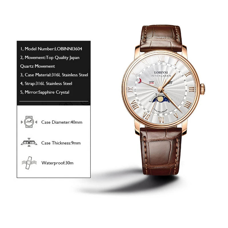 LOBINNI men moonphase watch,mens luxury brand wrist watches man quartz wristwatch waterproof clock sapphire dress reloj hombre