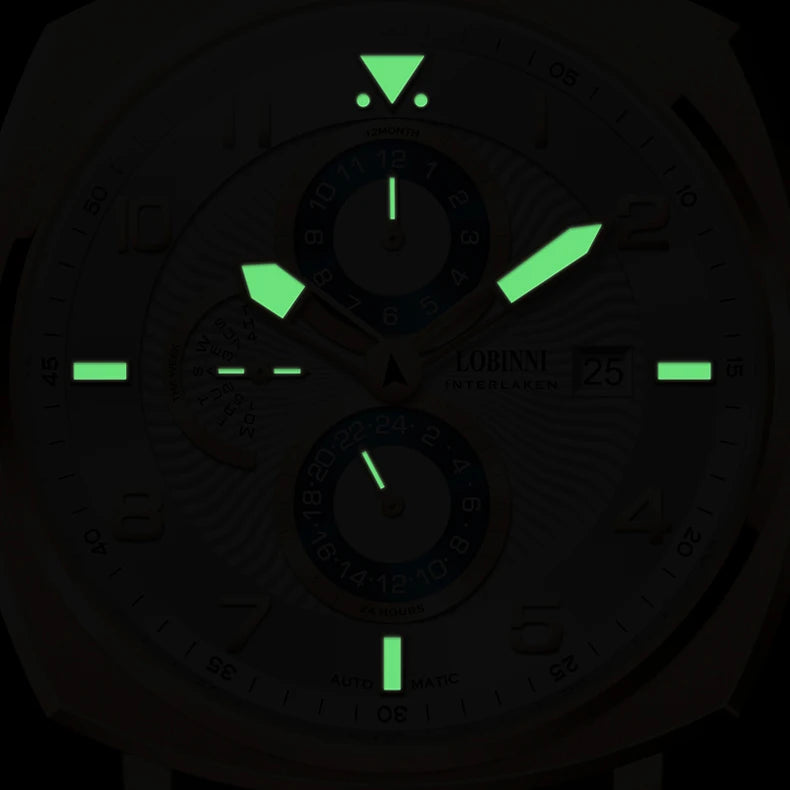 LOBINNI Mens Watches Luxury Men Automatic Watch Mechanical Wristwatches Luminous Sapphire Crystal 50M Waterproof Leather Strap
