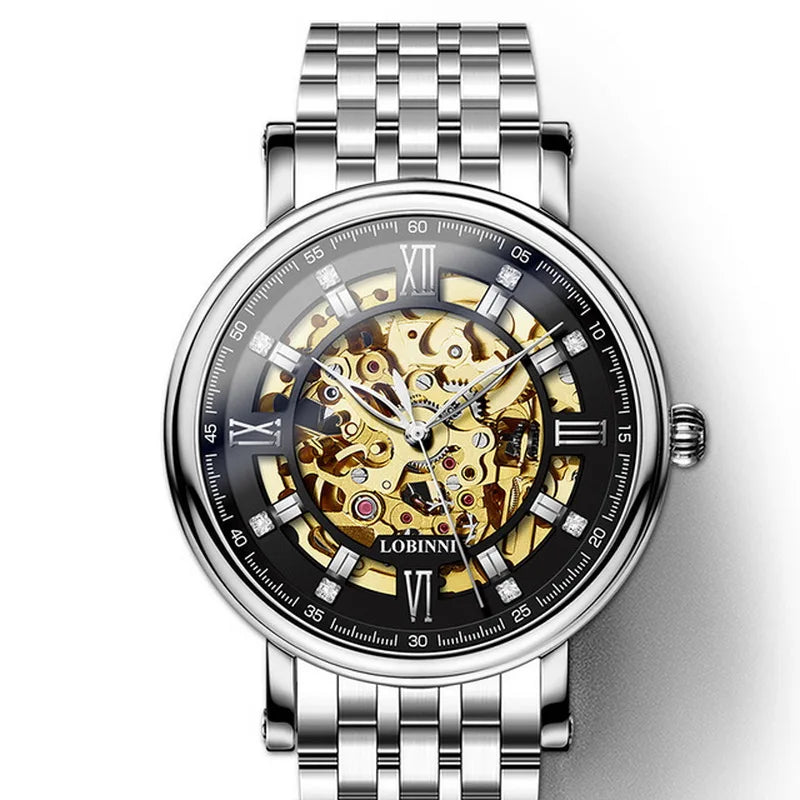 men automatic watch,mens wrist watches Switzerland LOBINNI luxury skeleton self wind mechanical wristwatch waterproof timepiece