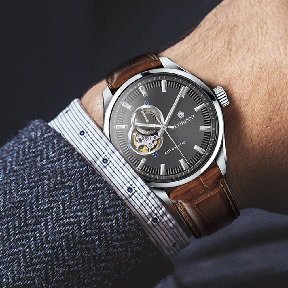 LOBINNI Men Automatic Watch Luxury Male Watches Business Mechanical Wristwatch Fashion Sapphire Crystal Skeleton Dial 24 Hours