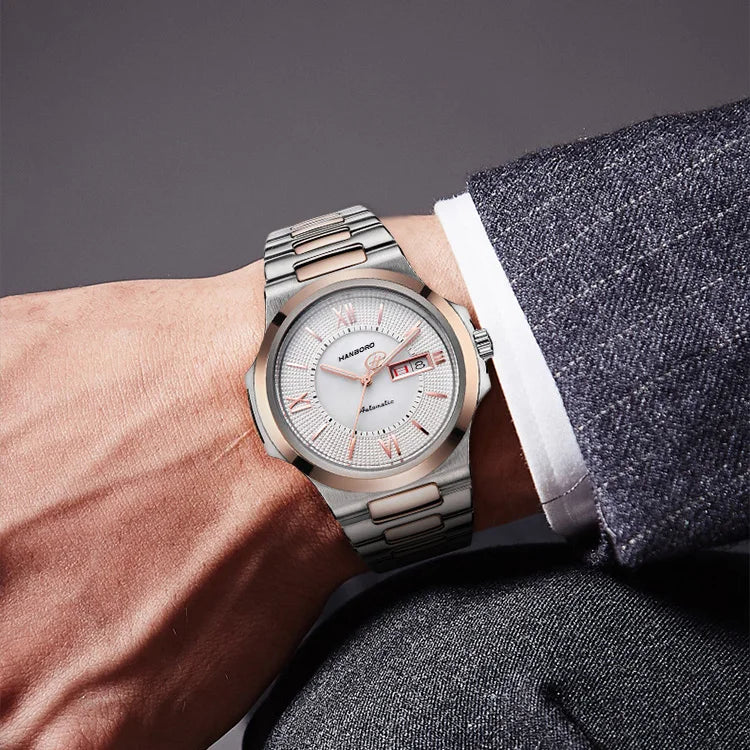 HANBORO Men Watch Top Luxury Brand Mens Automatic Watches Business Mechanical Wristwatches Waterproof Steel Strap Week Date