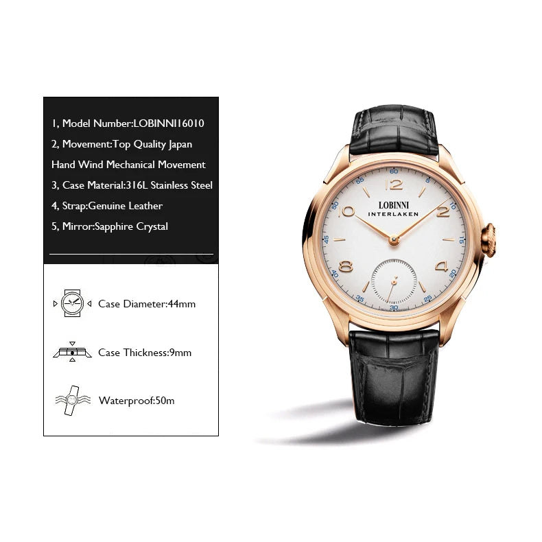 men wrist watch,mens hand wind mechanical watches LOBINNI Switzerland luxury brand man wristwatch waterproof leather strap clock