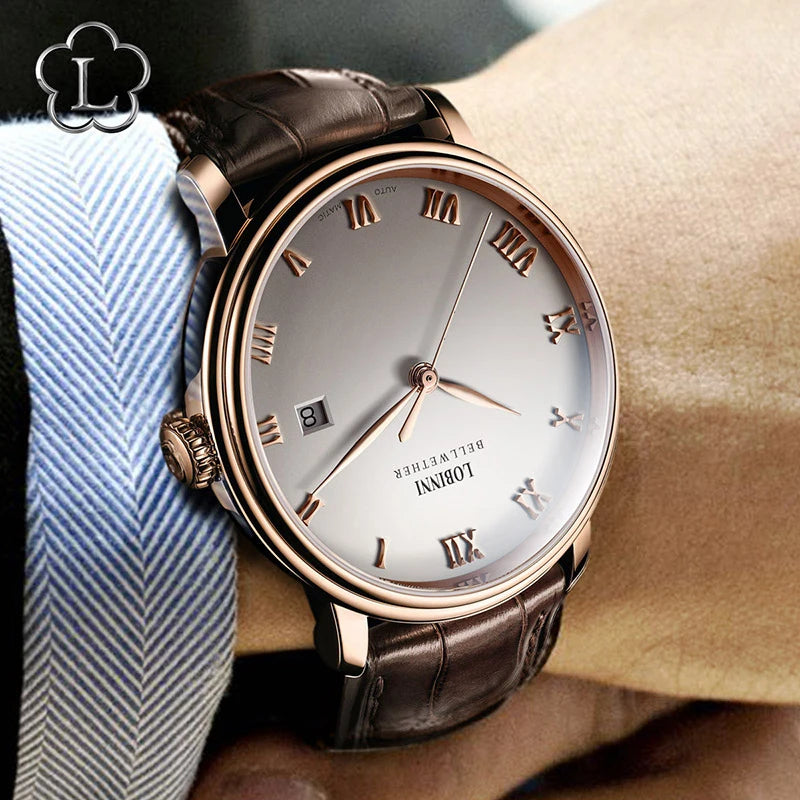 LOBINNI Mens Automatic Watches Luxury Male Watch Waterproof Mechanical Wristwatch Ultrathin Sapphire Mirror Date Leather Strap