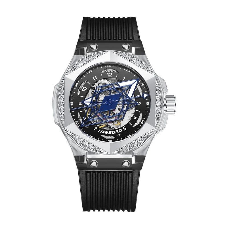 HANBORO Mens Luxury Watches Men Automatic Watch Male Mechanical Wristwatch Luminous Skeleton Dial Austria Crystal Silicone Strap