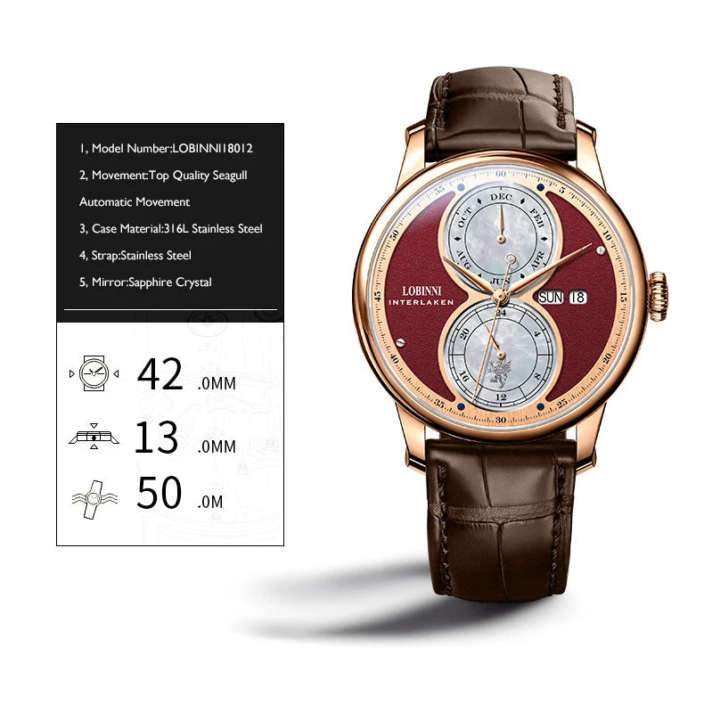 LOBINNI Men Automatic Watch Luxury Mens Watches Self Wind Mechanical Wristwatch Waterproof Sapphire Leather Strap Month Week
