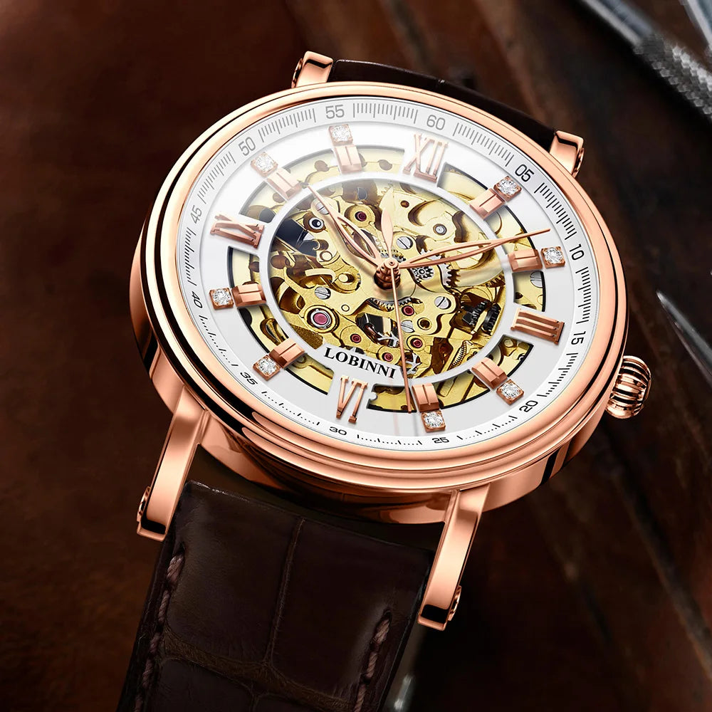 men automatic watch,mens wrist watches Switzerland LOBINNI luxury skeleton self wind mechanical wristwatch waterproof timepiece