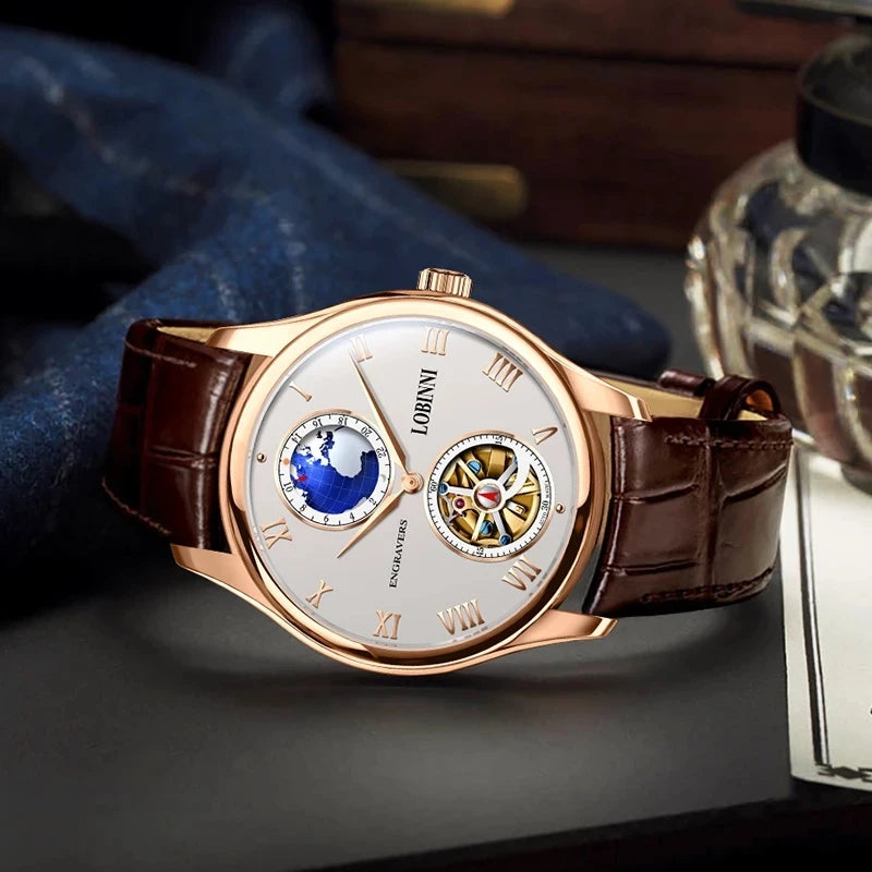 LOBINNI Mens Automatic Watches Male Luxury Watch Waterproof Mechanical Wristwatch Sapphire Mirror Skeleton Dial Leather Strap