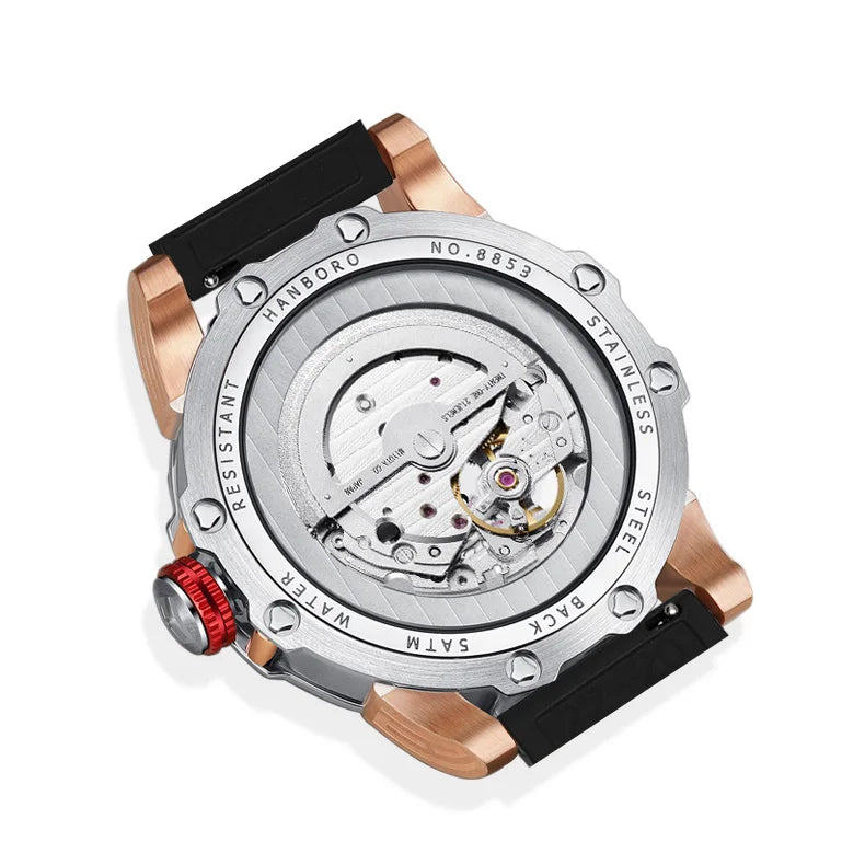 HANBORO Men Watch Luxury Mens Automatic Watches 50m Waterproof Luminous Mechanical Wristwatch Hollow Out Dial Rubber Strap