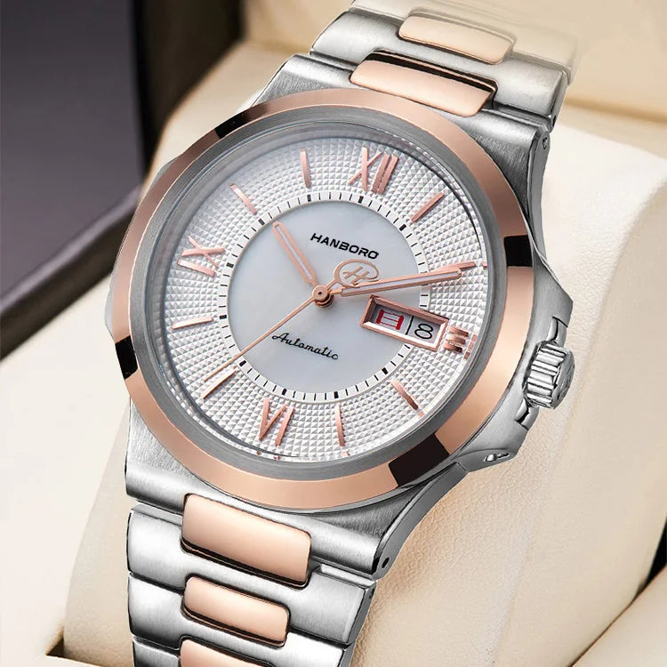 HANBORO Men Watch Top Luxury Brand Mens Automatic Watches Business Mechanical Wristwatches Waterproof Steel Strap Week Date