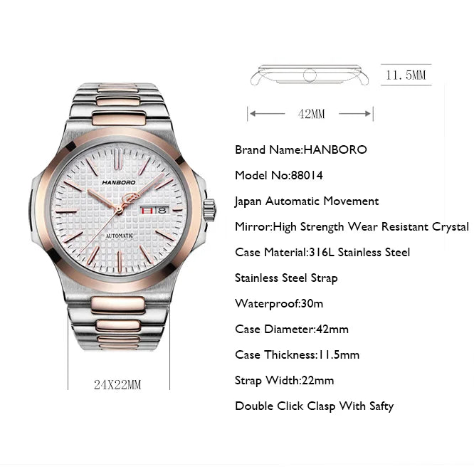 HANBORO Men Watch Top Luxury Brand Mens Automatic Watches Business Mechanical Wristwatches Waterproof Steel Strap Fashion