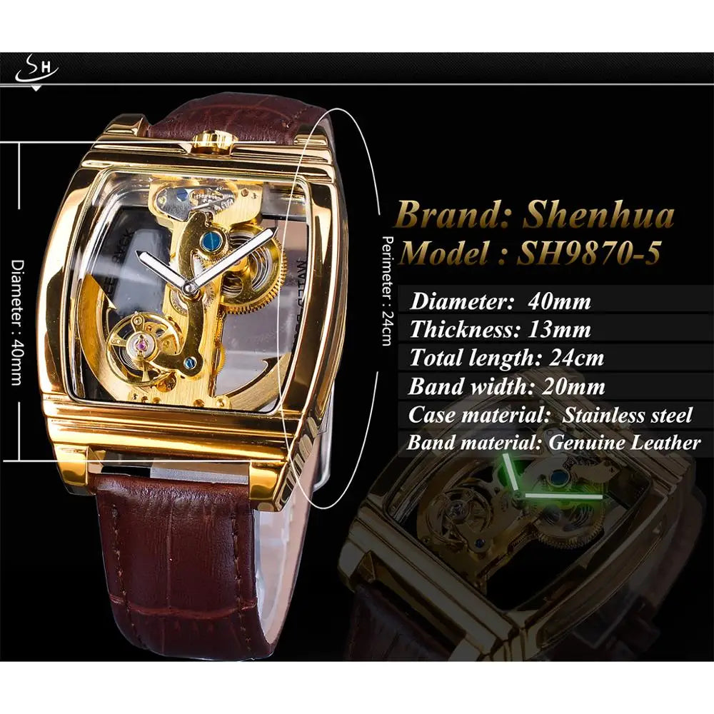SHENHUA Transparent Royal Luxury Waterproof Automatic Mechanical Watch Leather Band Skeleton Tourbillion Gold Luminous Clock