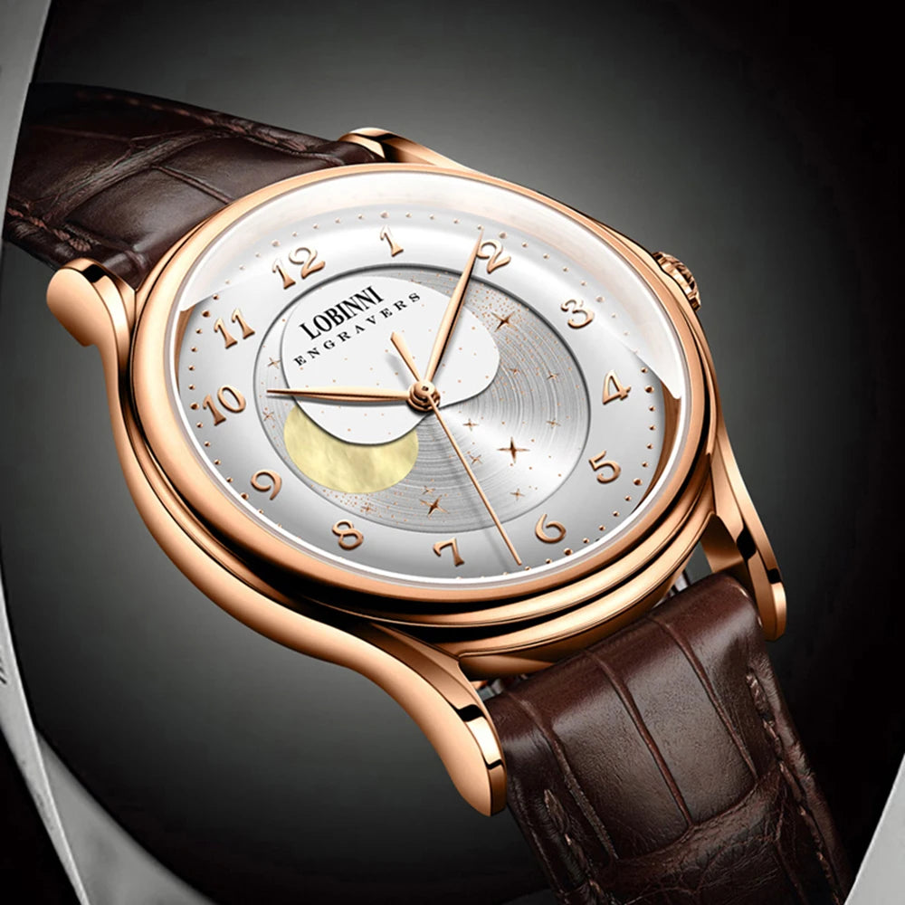 LOBINNI Mens Automatic Watches Men Moon Phase Watch Top Luxury Brand Mechanical Wristwatch Waterproof Sapphire Leather Strap