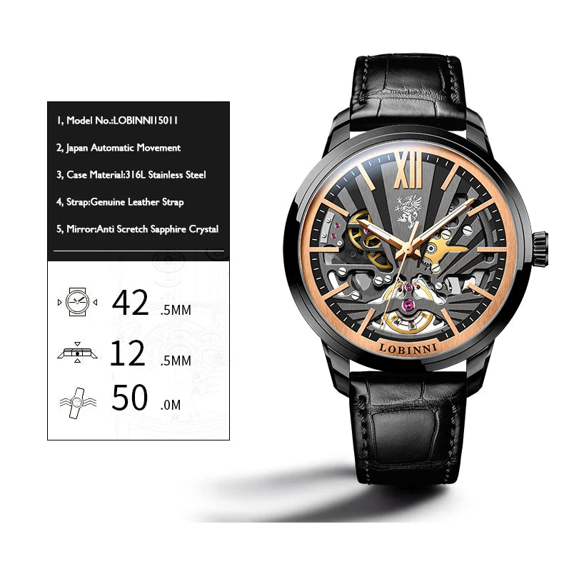 LOBINNI Men Automatic Watch Luxury Male Mechanical Wristwatch Fashion Waterproof Black Dual Side Skeleton Dial Sapphire Mirror