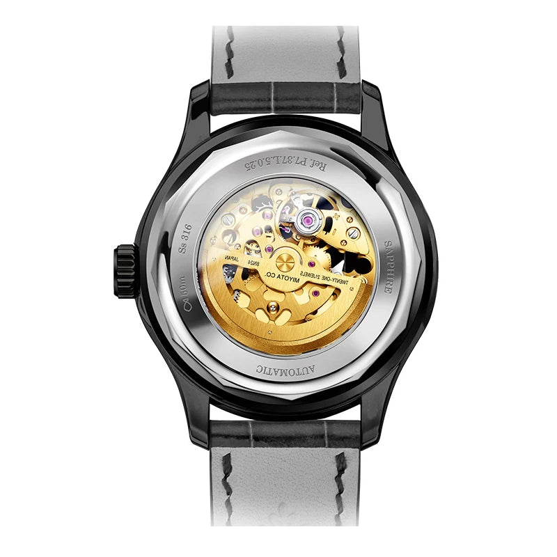 LOBINNI Mens Automatic Watches Male Luxury Watch Waterproof Mechanical Wristwatch Sapphire Mirror Skeleton Dial Leather Strap