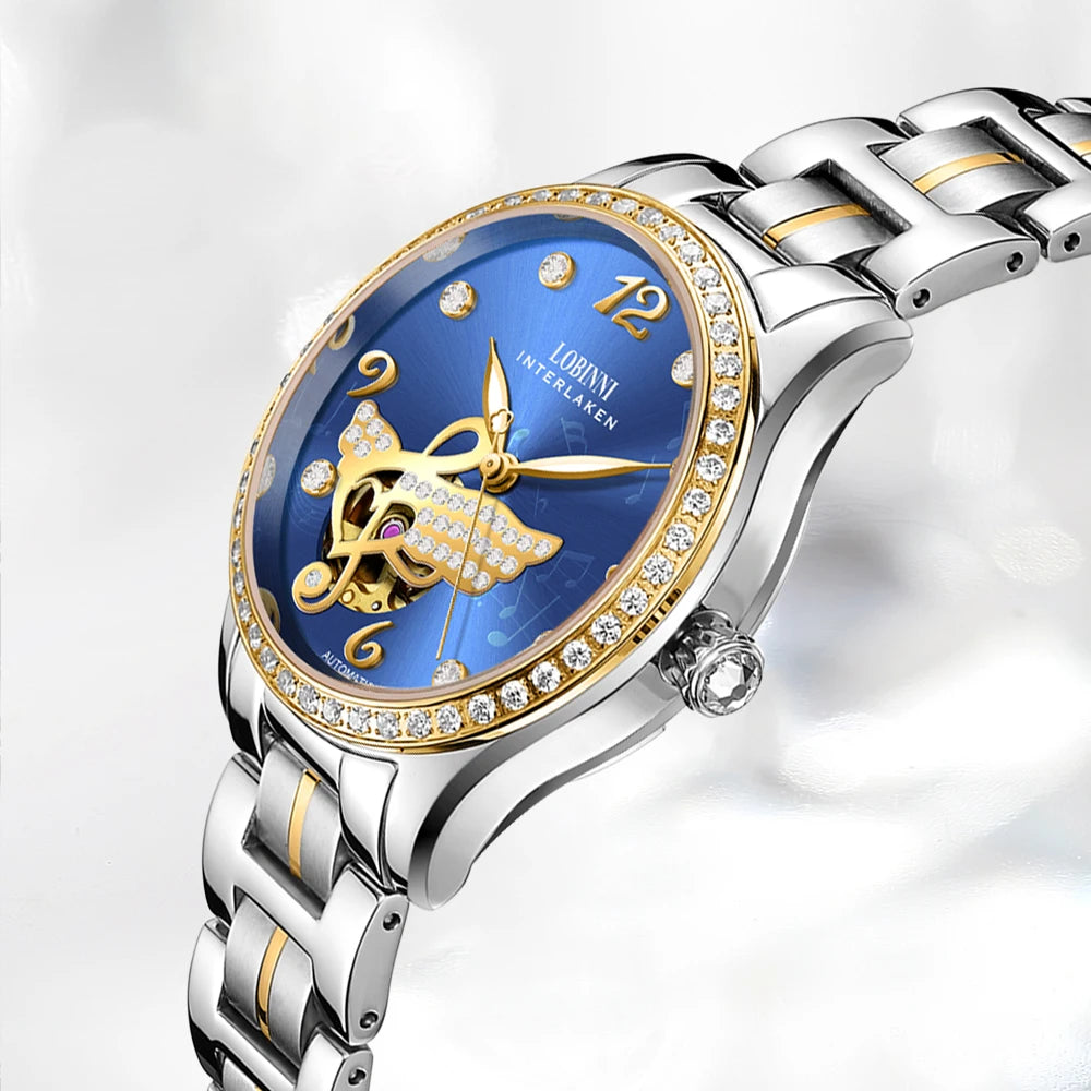 LOBINNI Women Automatic Watch Luxury Ladies Mechanical Wristwatch Waterproof Sapphire Skeleton Dial Female Clock Austria Crystal