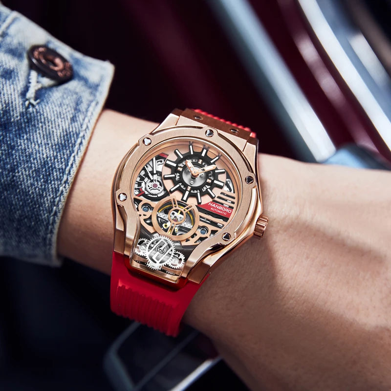 HANBORO Mens Automatic Watches Luxury Watch For Men Mechanical Wristwatch Waterproof Luminous Skeleton Dial Rubber Strap