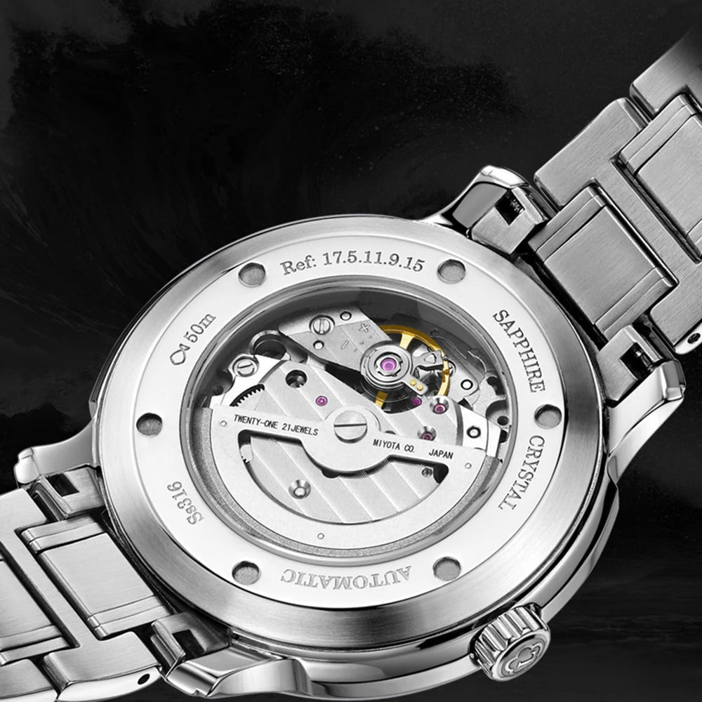 LOBINNI Mens Automatic Watches Luxury Mechanical Wristwatch Waterproof Tachymeter Sapphire Date Relogios Masculino Steel Strap