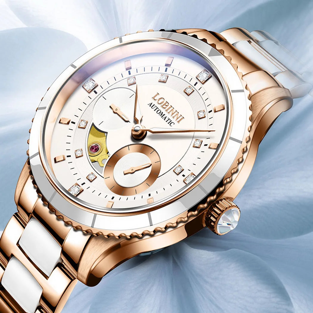 LOBINNI Women Automatic Watch Luxury Ladies Mechanical Wristwatch Waterproof Sapphire Fashion Female Clock Steel Ceramic Strap