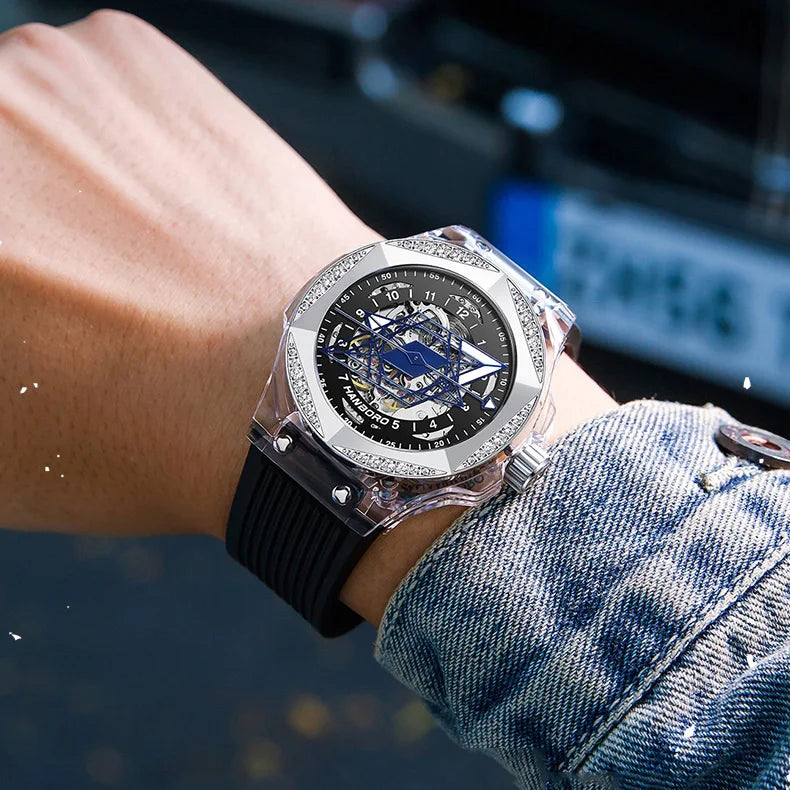 HANBORO Mens Luxury Watches Men Automatic Watch Male Mechanical Wristwatch Luminous Skeleton Dial Austria Crystal Silicone Strap