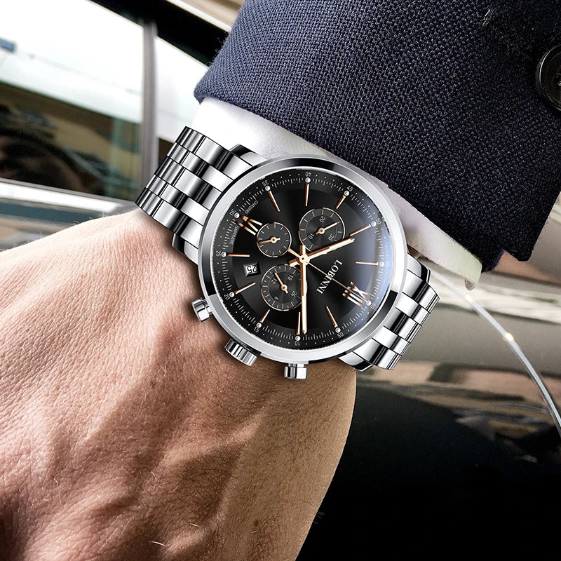 LOBINNI Men Chronograph Watch Luxury Mens Quartz Wristwatch Waterproof Clock Sapphire Dress Steel Strap Relogios Masculino
